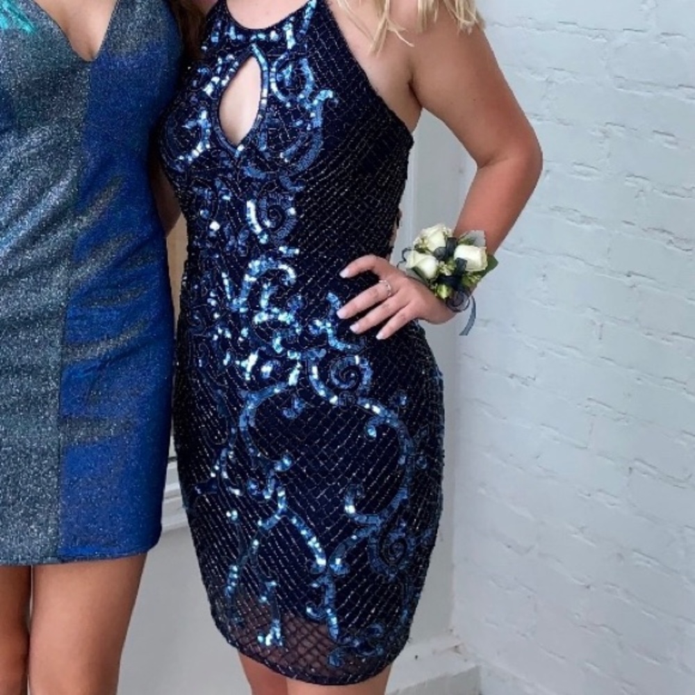 Fully beaded blue homecoming dress